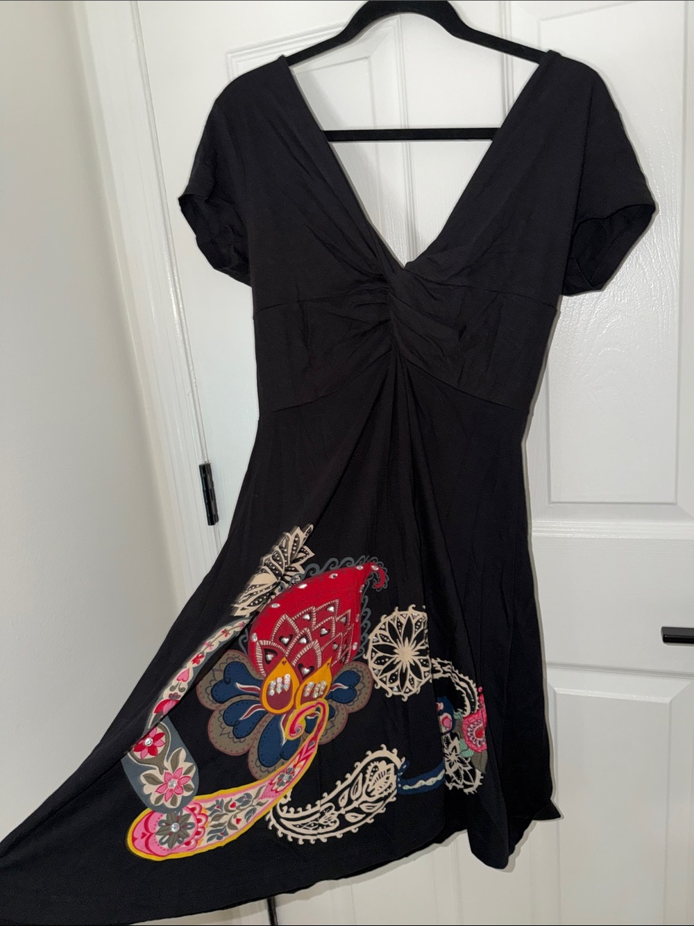 Desigual Black Midi Dress with Red, Blue, Yellow and Pink Paisley Motif